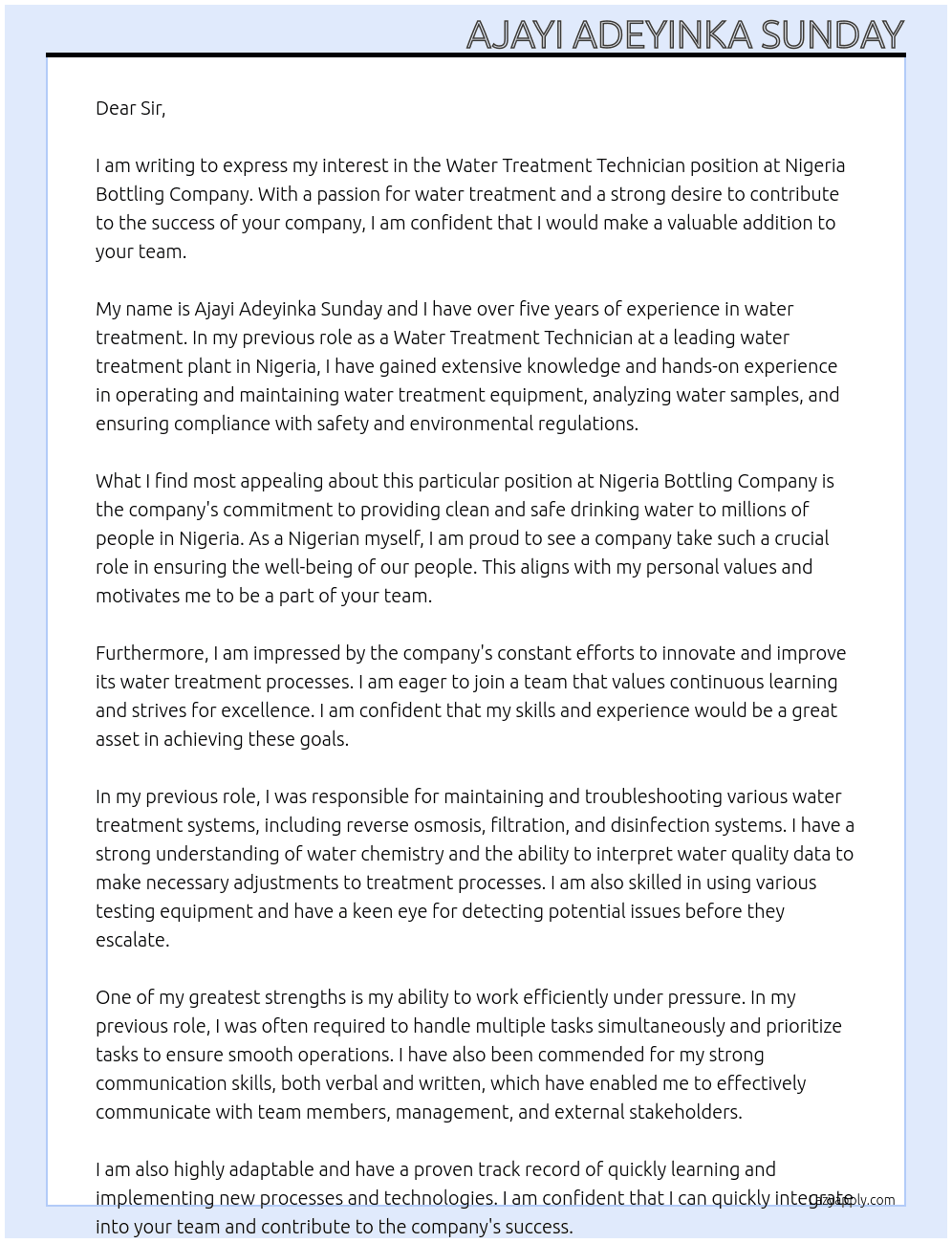 Water treatment technician At Nigeria Bottling company Cover Letter
