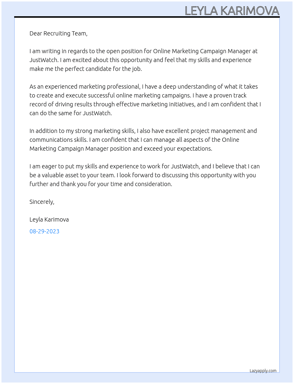  Online Marketing Campaign Manager At JustWatch  Cover Letter