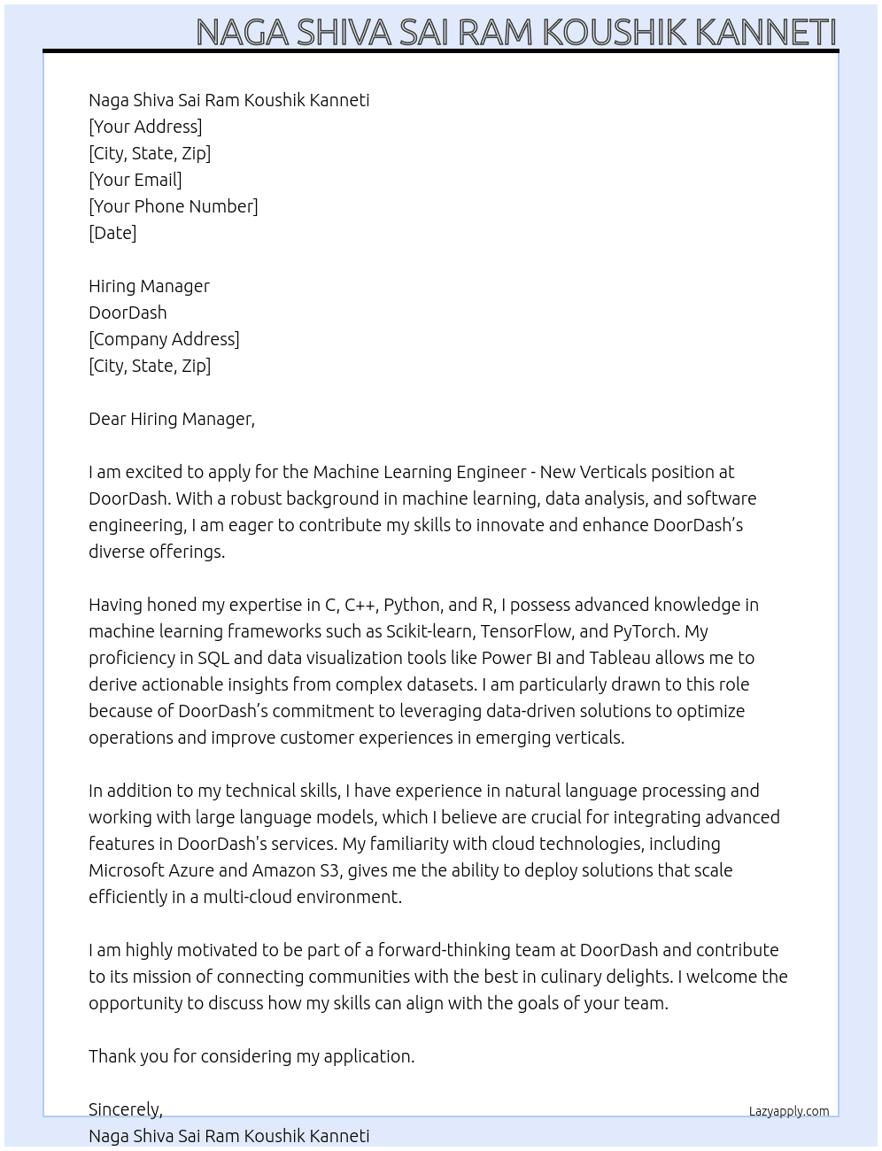 Machine Learning Engineer - New Verticals At  DoorDash Cover Letter
