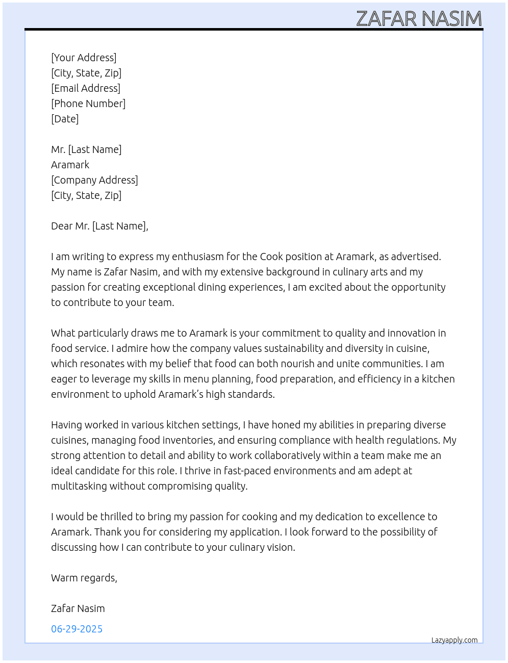 cook At Aramark Cover Letter