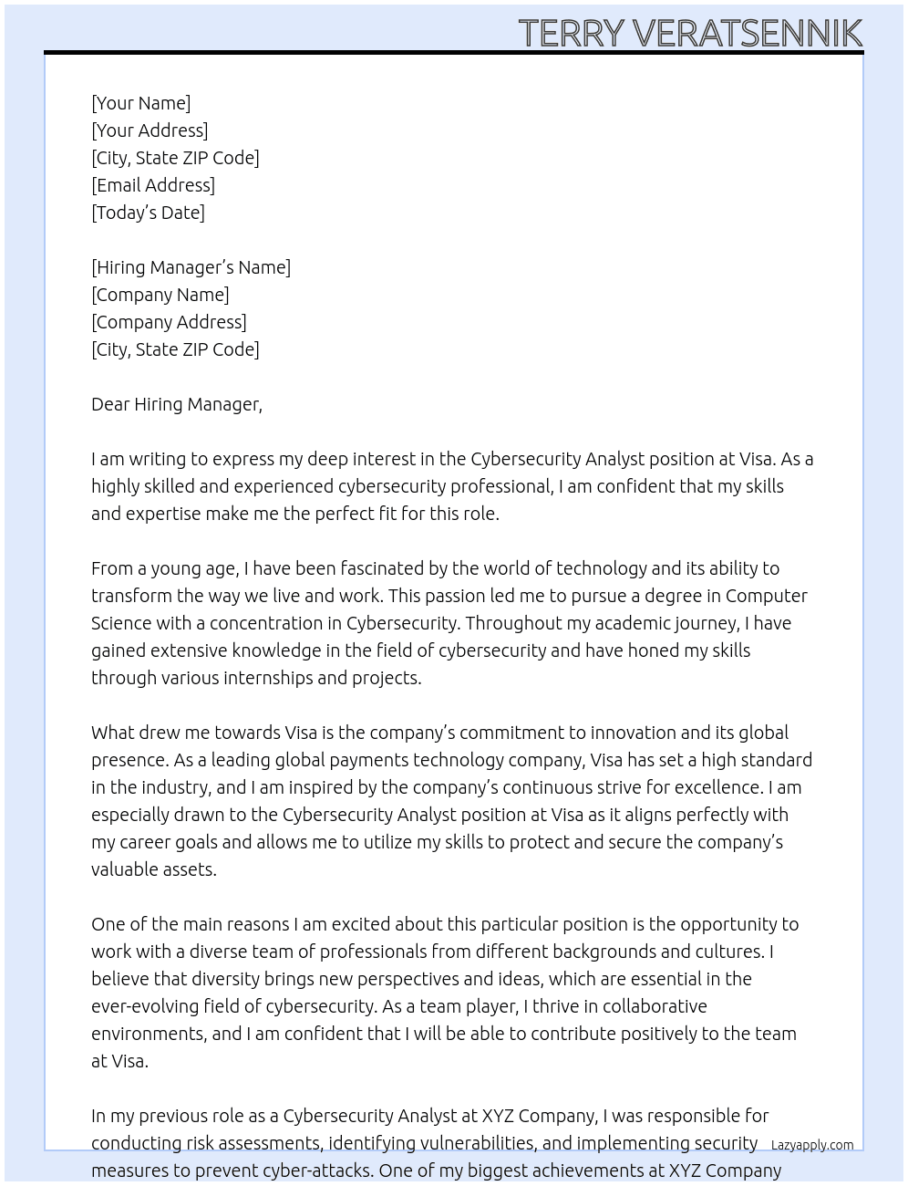 Cybersecurity Analyst At visa Cover Letter