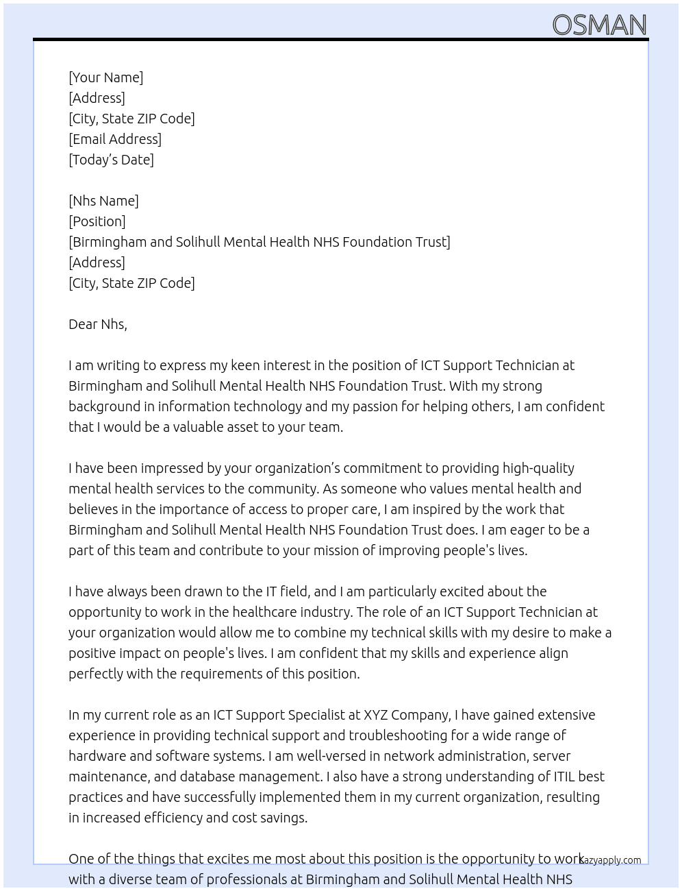 ICT Support Technician At Birmingham and Solihull Mental Health NHS Foundation Trust Cover Letter