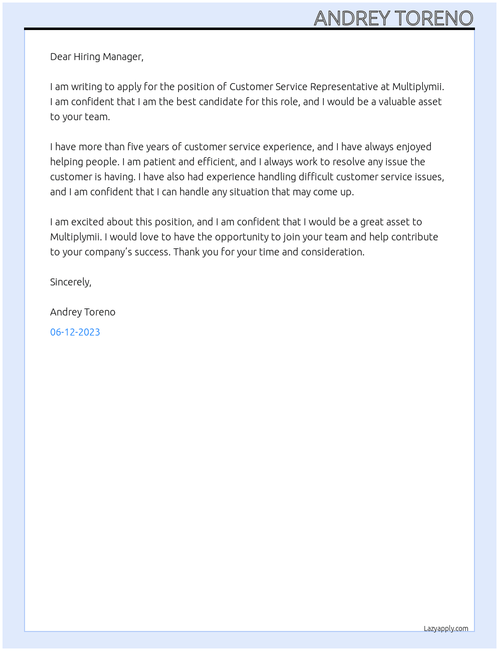 Customer service representative At Multiplymii Cover Letter