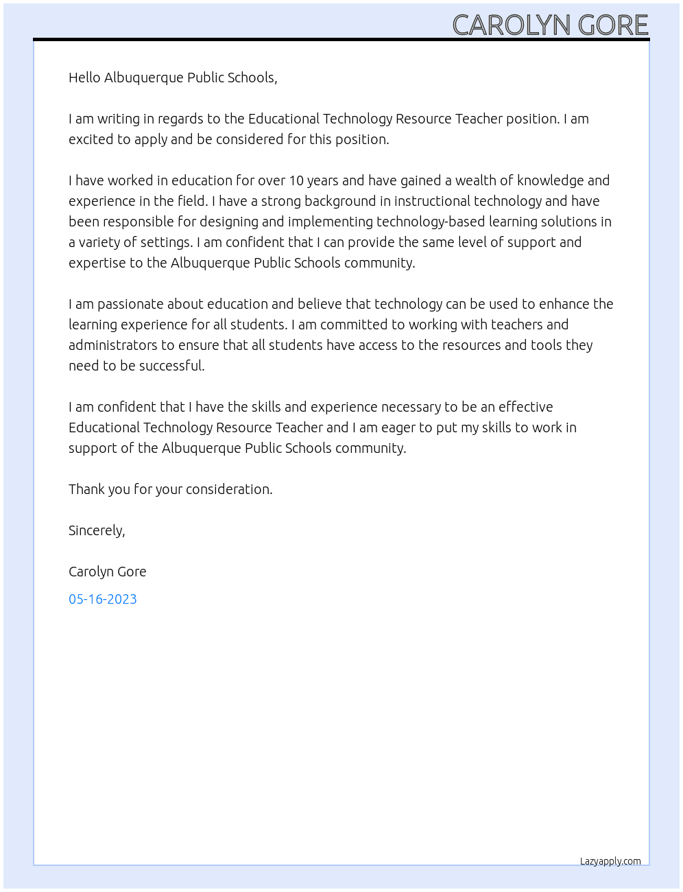 Educational Technology Resource Teacher At Albuquerque Public Schools  Cover Letter