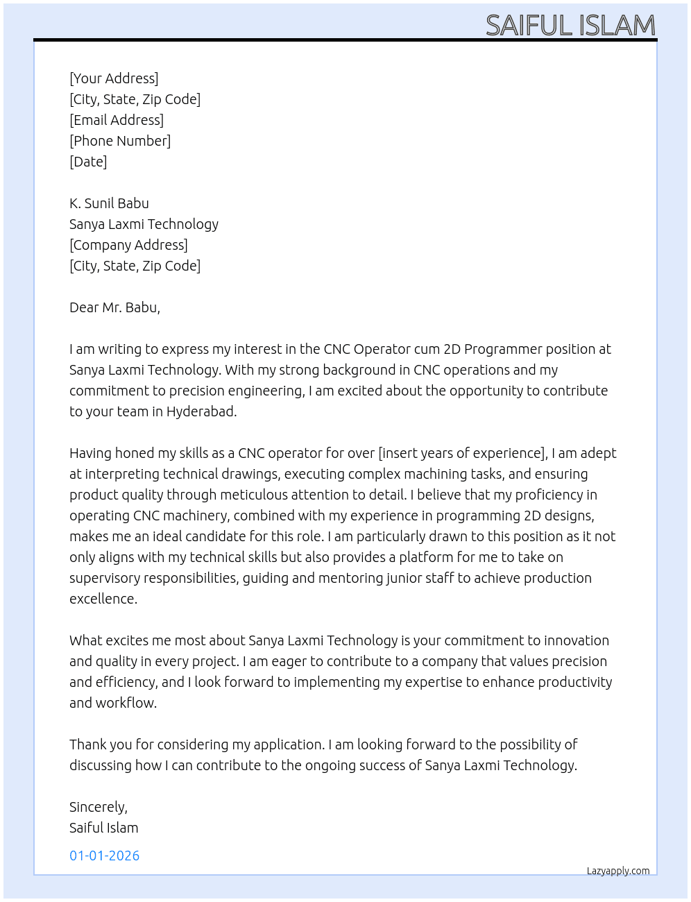 Cover letter for cnc operator cum 2d programmer - LazyApply