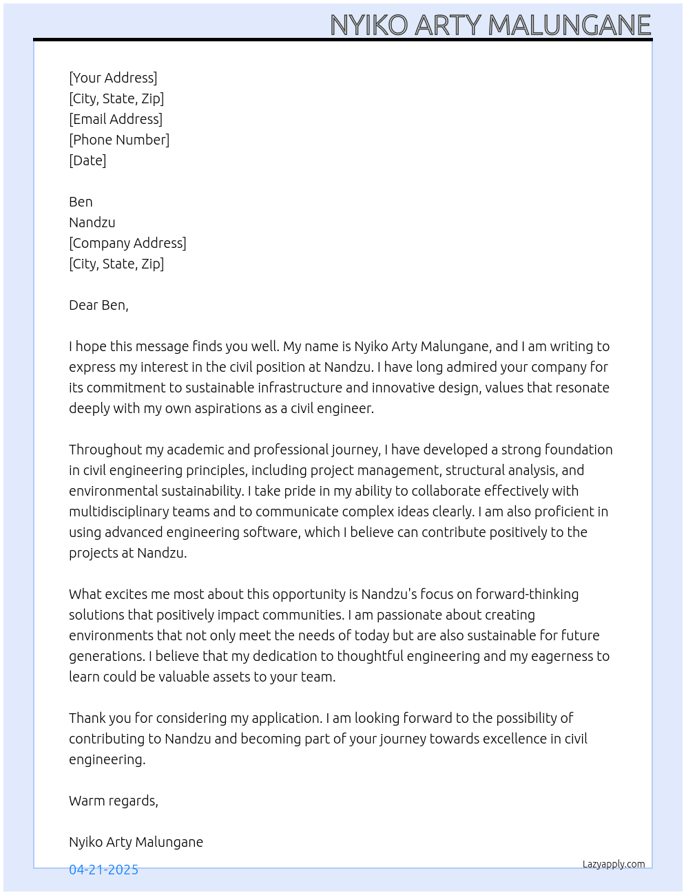 civil At nandzu Cover Letter