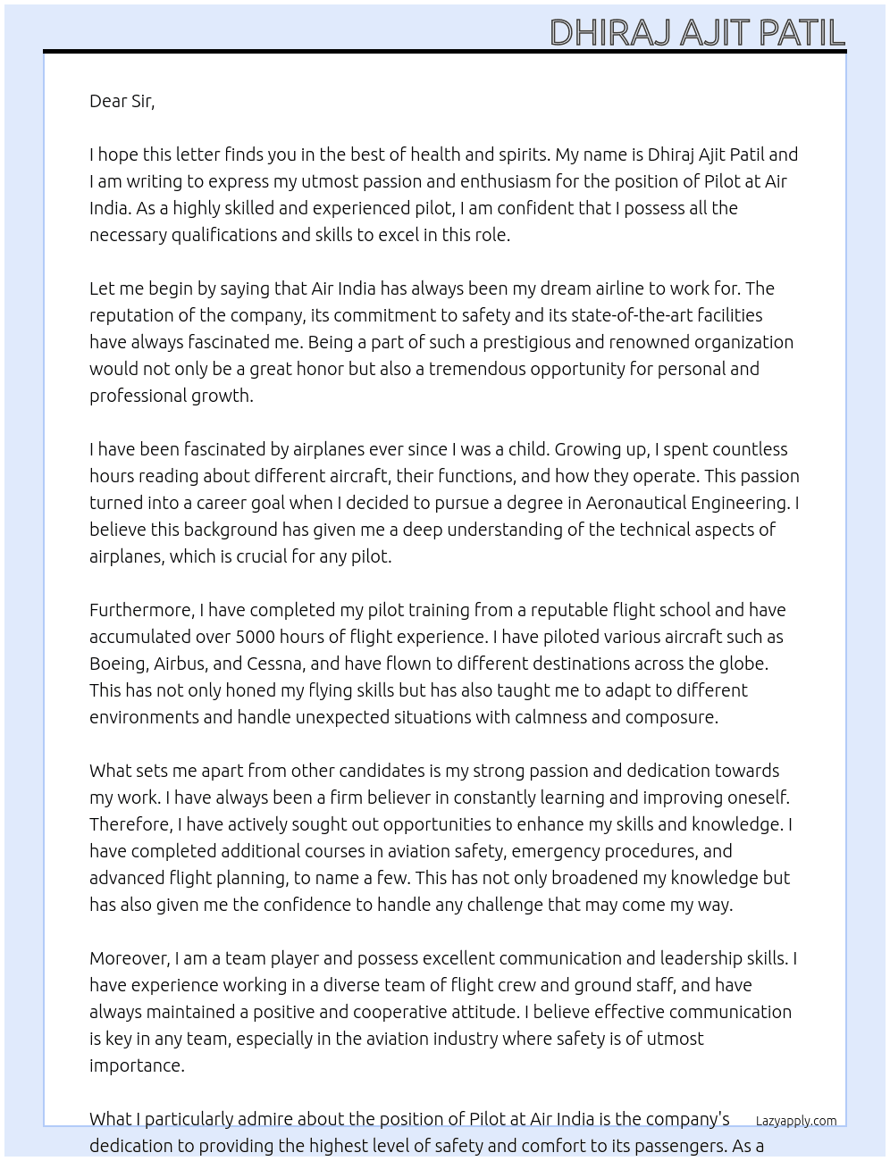 PILOT At AIR INDIA Cover Letter