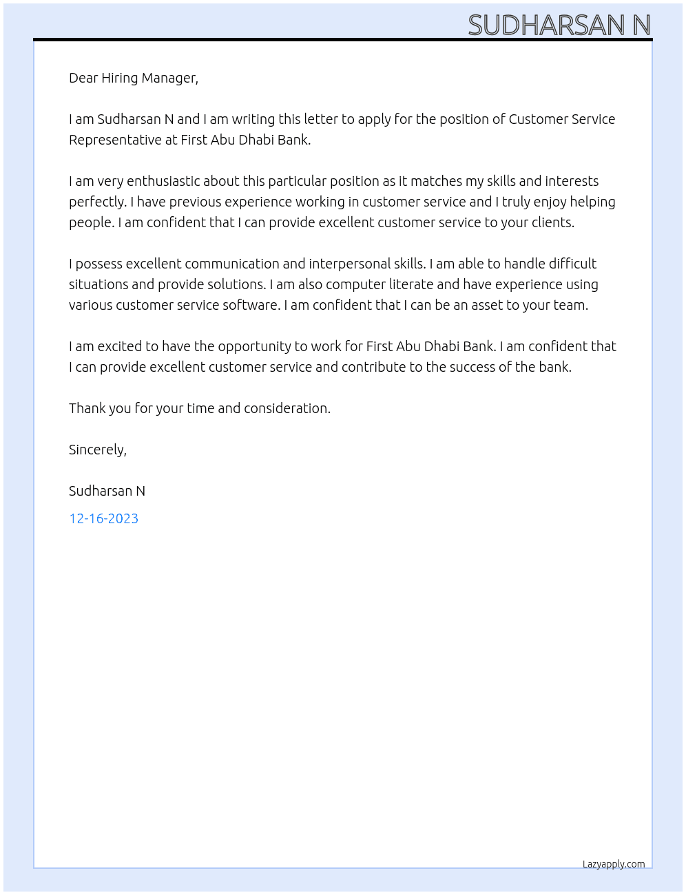 Customer Service Representative  At First Abu Dhabi Bank Cover Letter