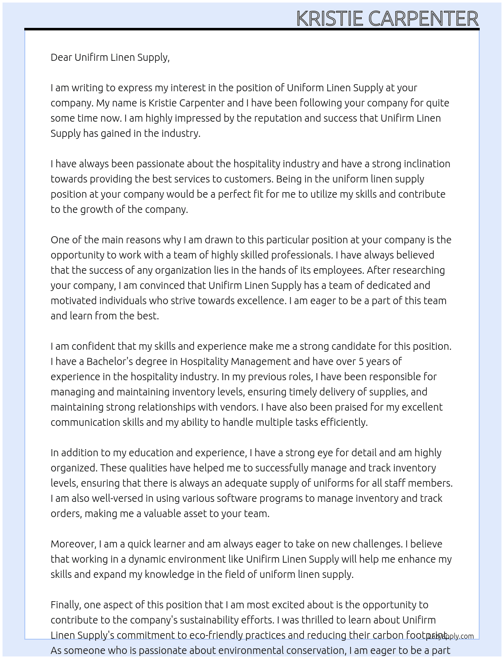 uniform linen supply At uniform linen supply Cover Letter