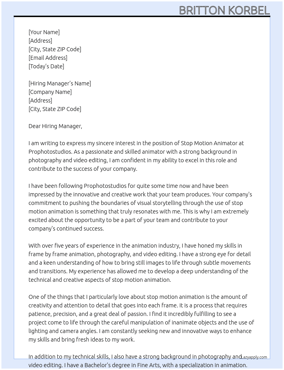 stop motion animator At Prophotostudios Cover Letter