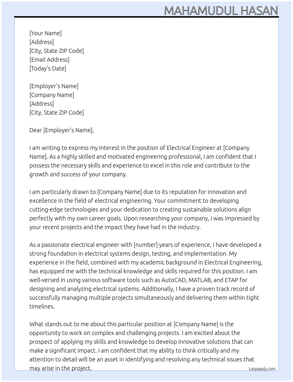 Electrical Engineer At Mahamudul Hasan Cover Letter