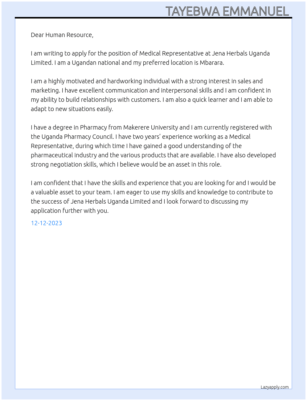 Medical representative At Jena herbals Uganda limited Cover Letter