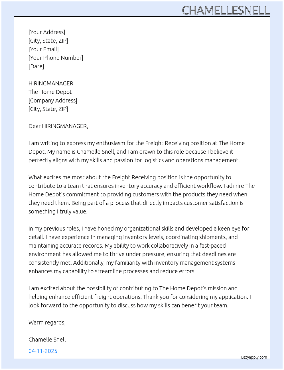 FREIGHTRECEIVING At THEHOMEDEPOT Cover Letter