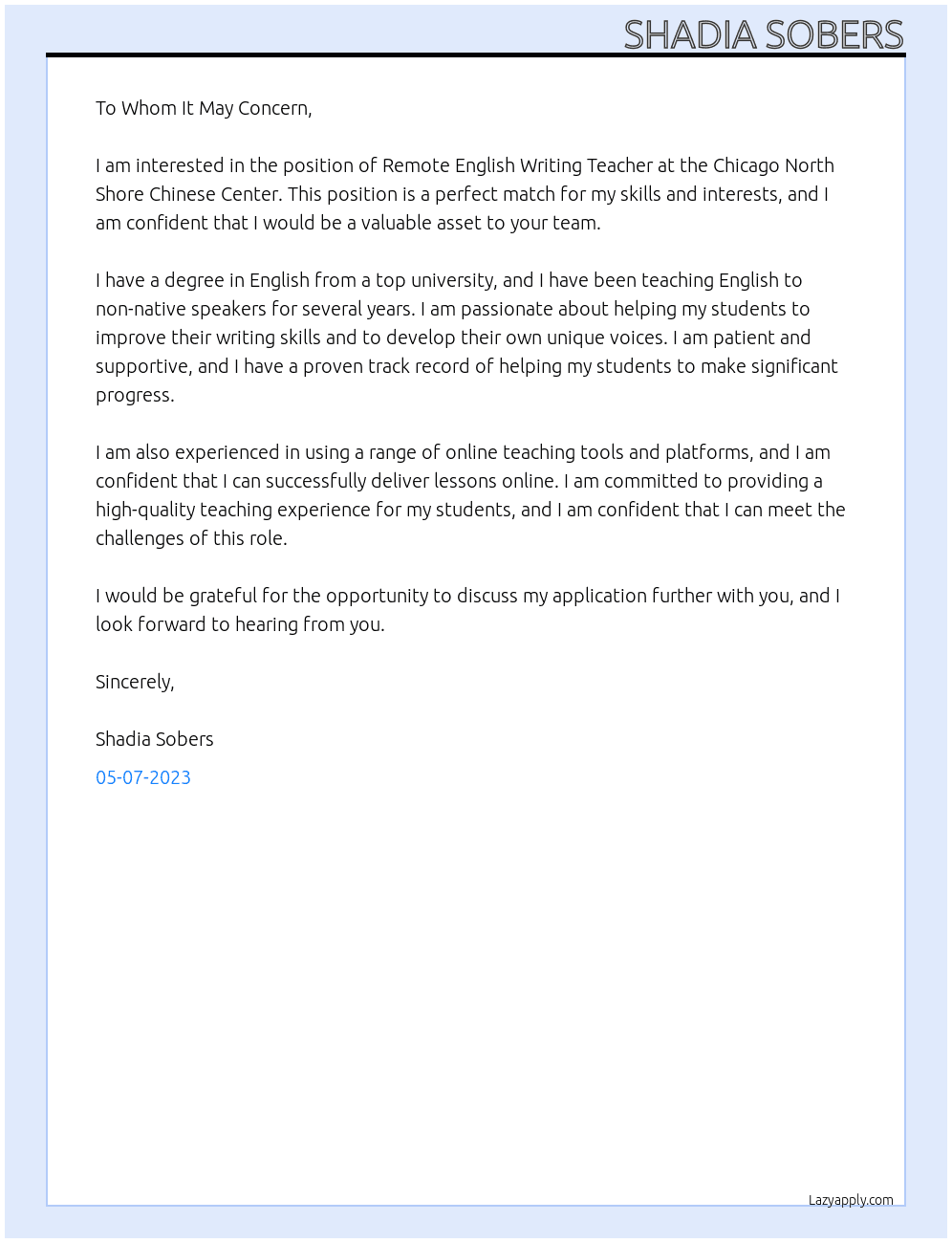 Remote English Writing Teacher At Chicago North Shore Chinese Center Cover Letter