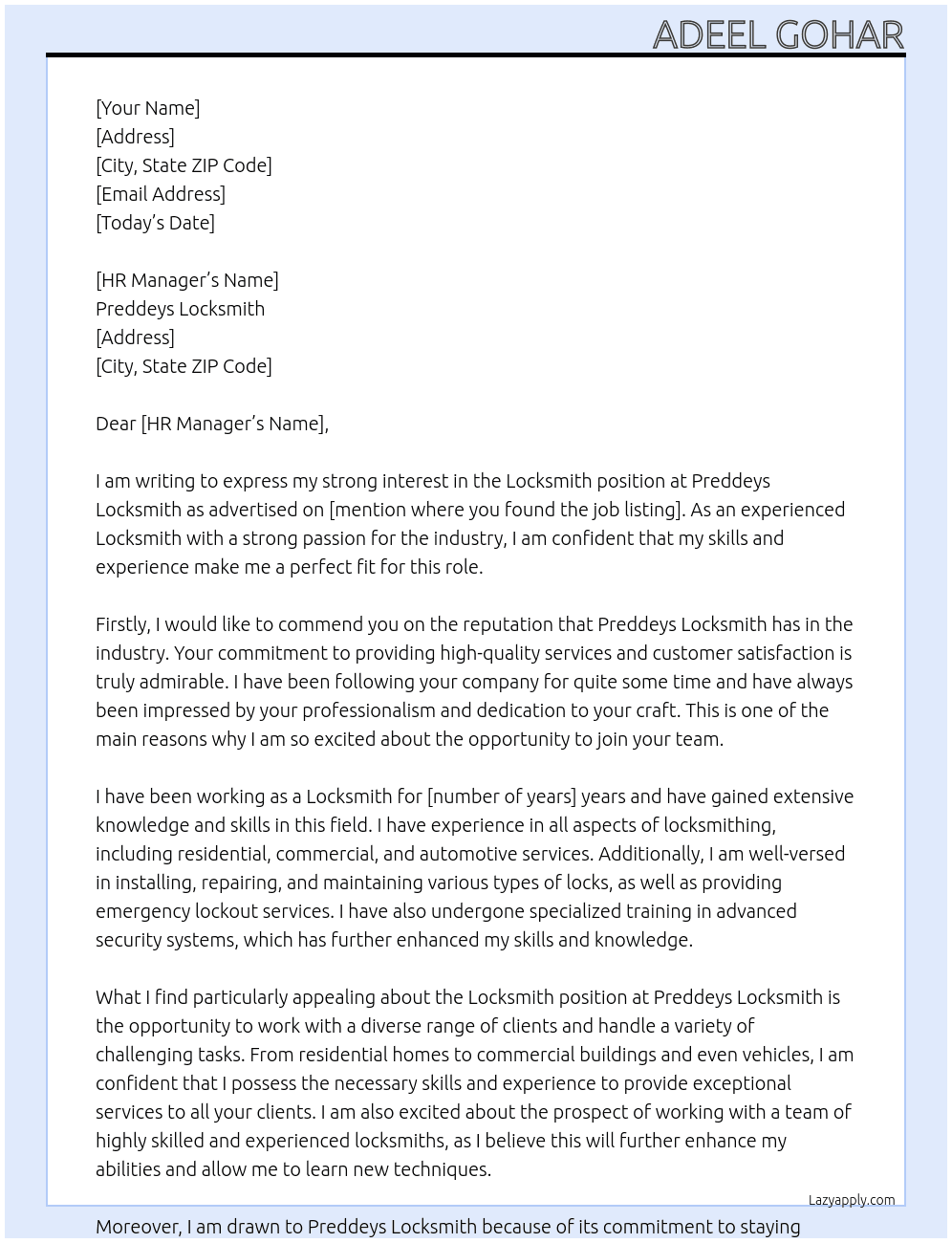 Locksmith  At Preddeys Locksmith  Cover Letter
