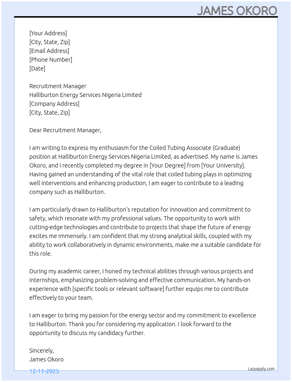 Coiled Tubing Associate (Graduate) At Halliburton Energy Services Nigeria Limitesd Cover Letter