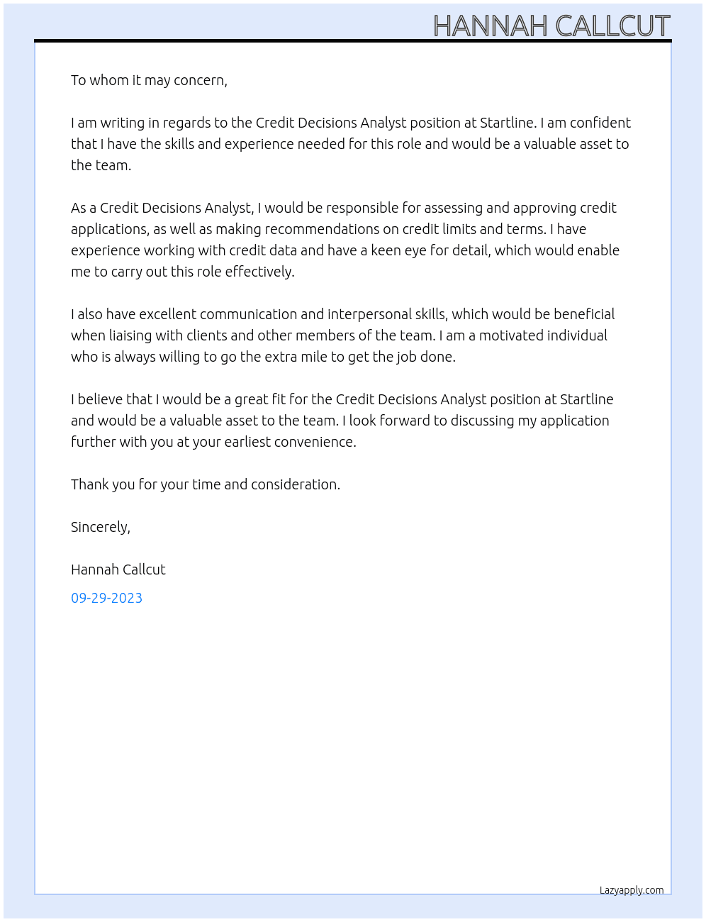 credit decisions analyst At startline Cover Letter