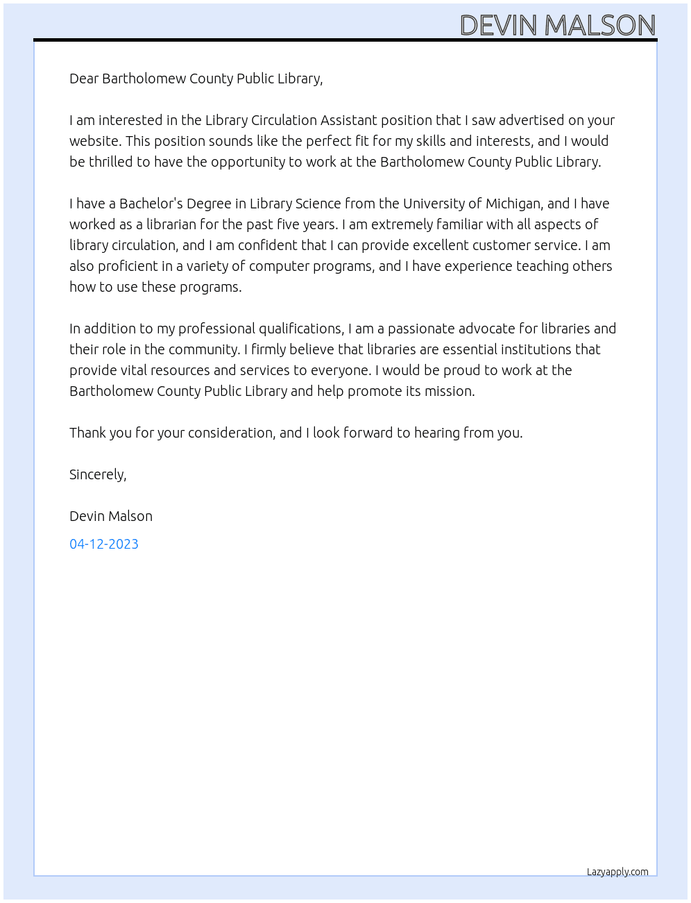 Library Circulation Assistant At Bartholomew County Public Library Cover Letter