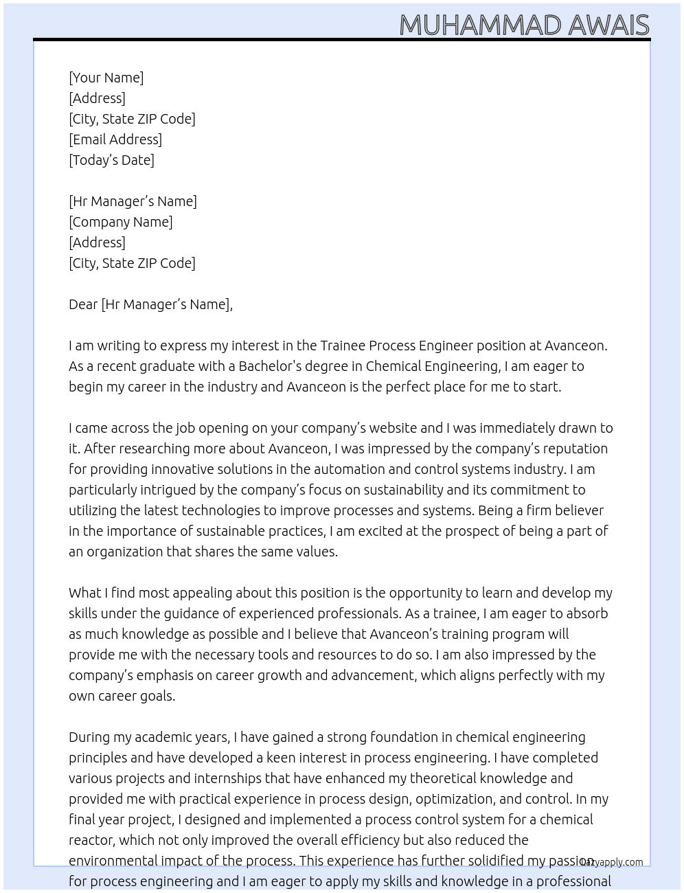 Trainee Process Engineer  At Avanceon  Cover Letter