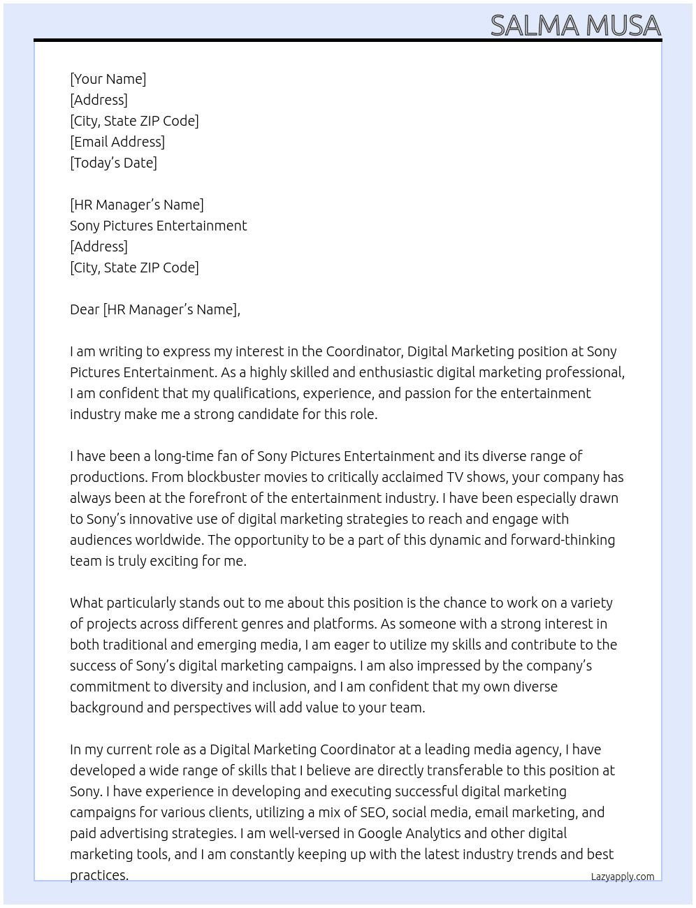 Coordinator, Digital Marketing At Sony Pictures Entertainment Cover Letter