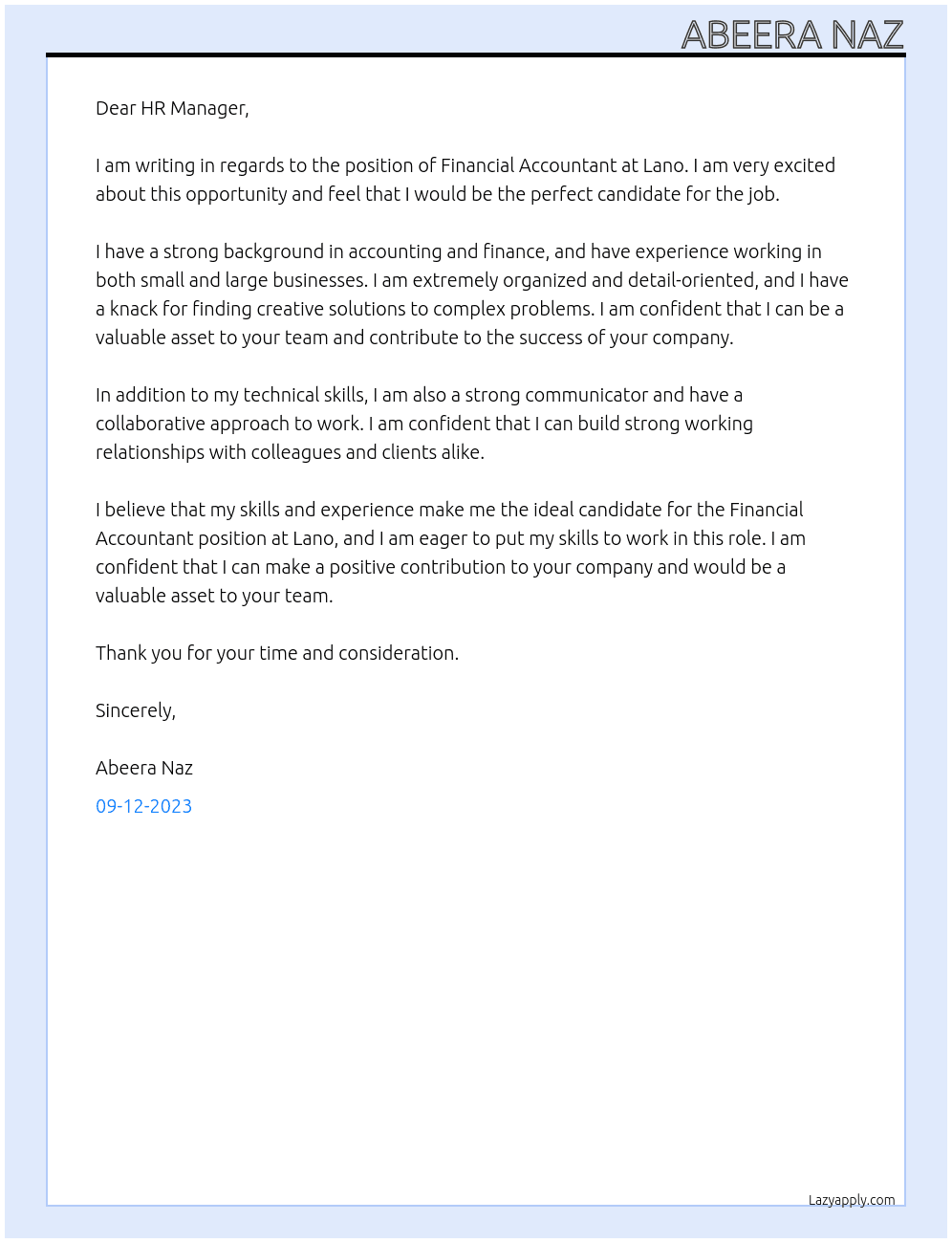 Financial Accountant At Lano Cover Letter