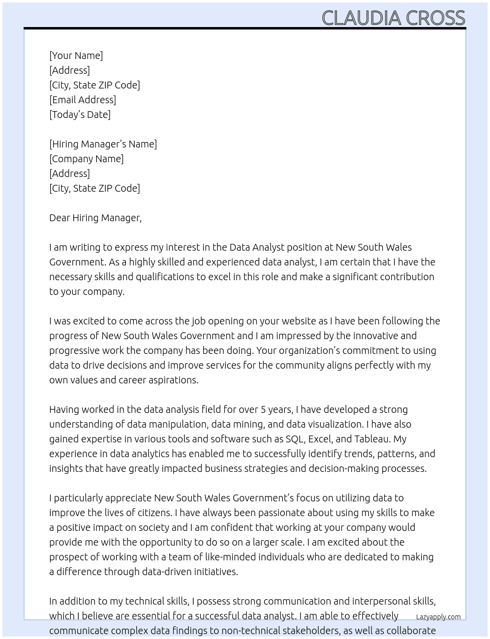 Data Analyst At New South Wales Government Cover Letter