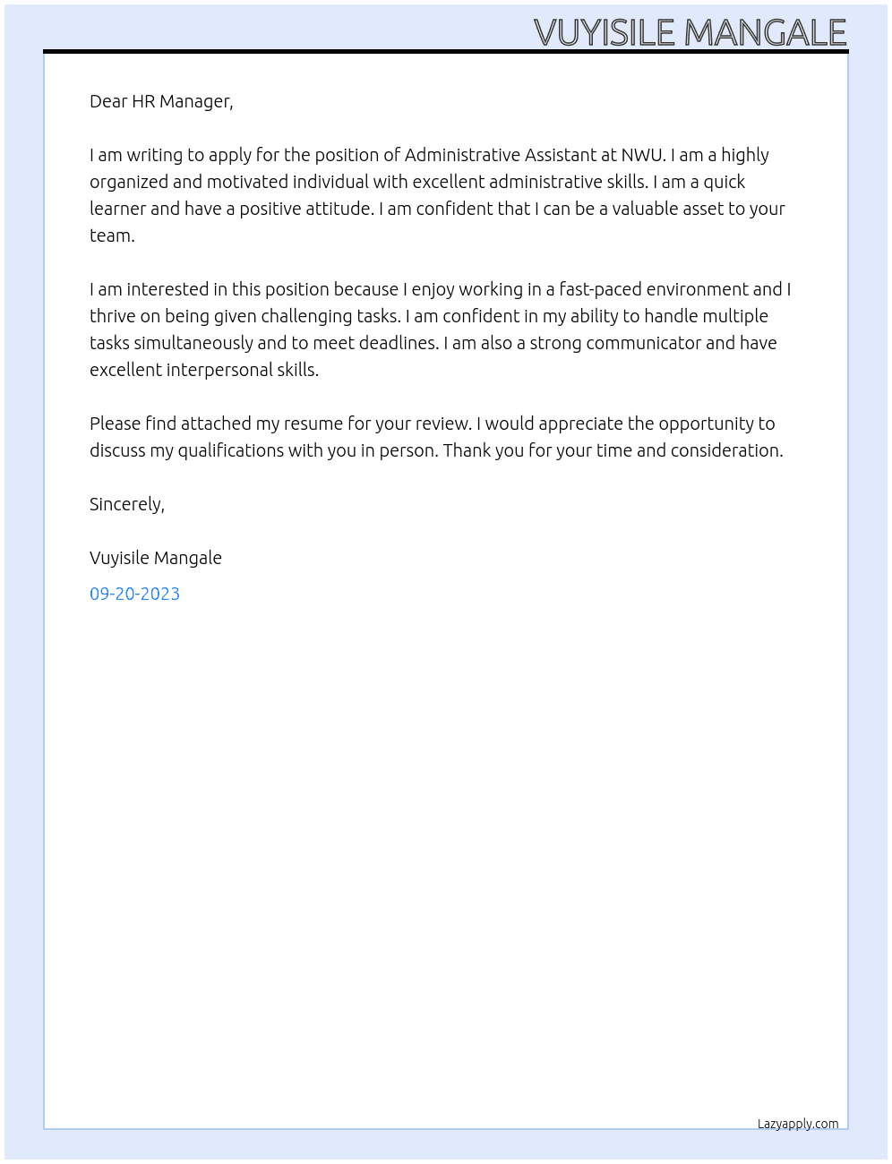 Administrative Assistant At NWU Cover Letter