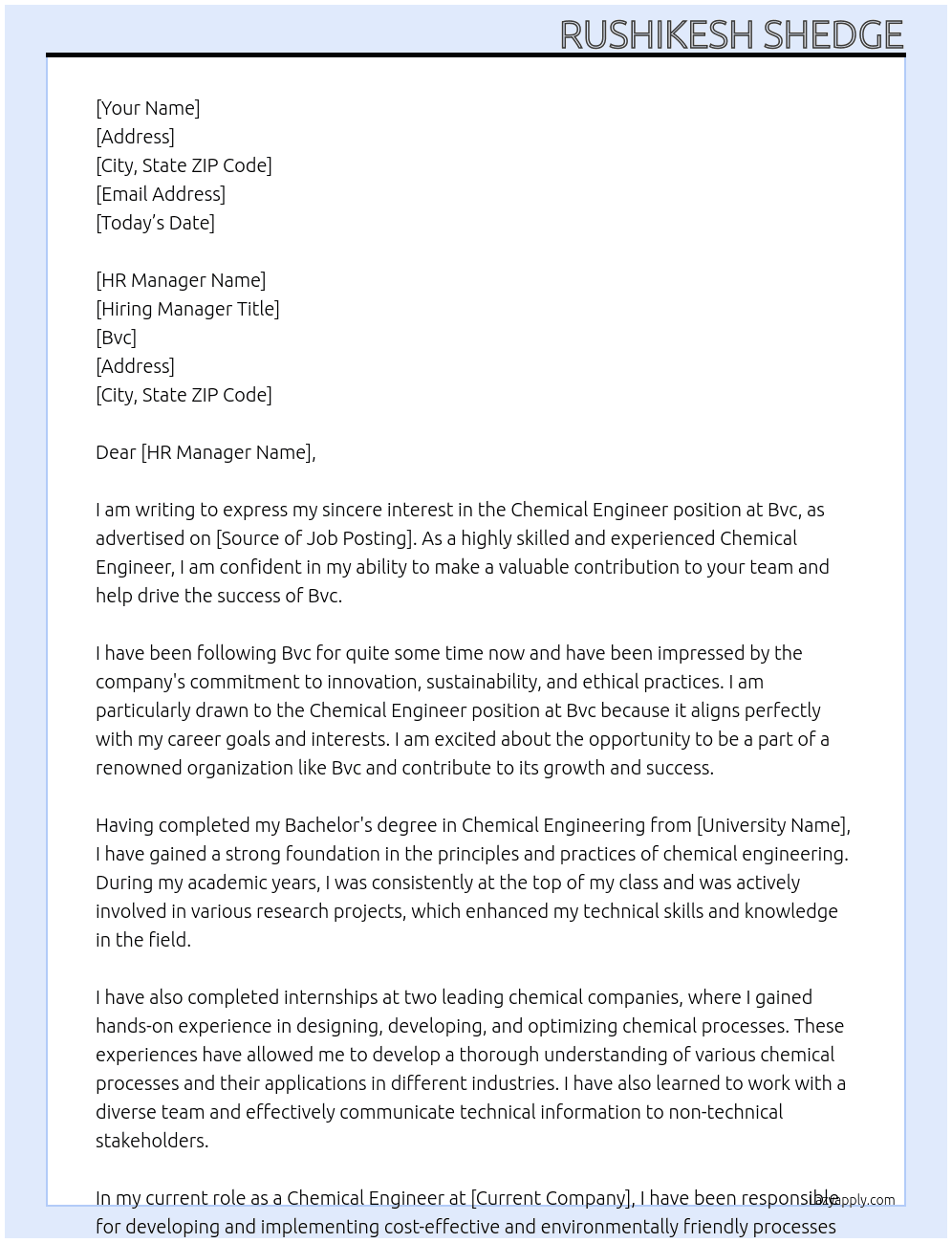Chemical engineer  At Bvc Cover Letter
