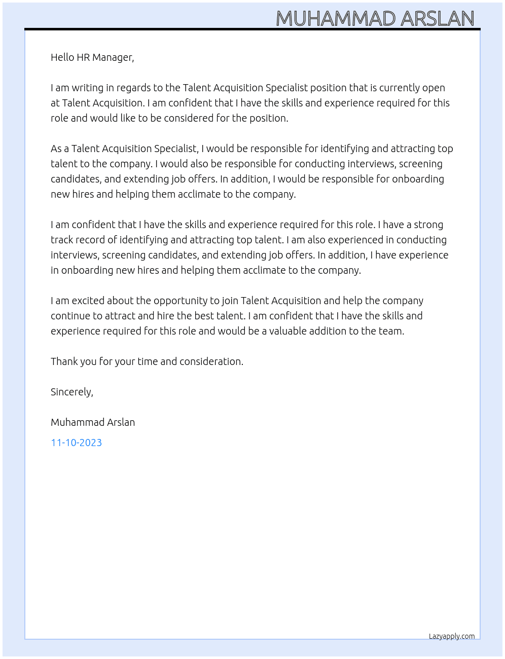 Talent Acquisition Specialist  At Talent Acquisition  Cover Letter