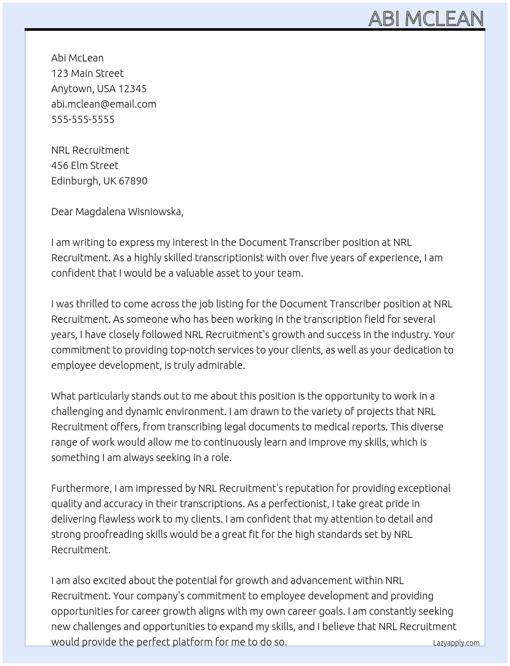 Document Transcriber At NRL Recruitment Cover Letter
