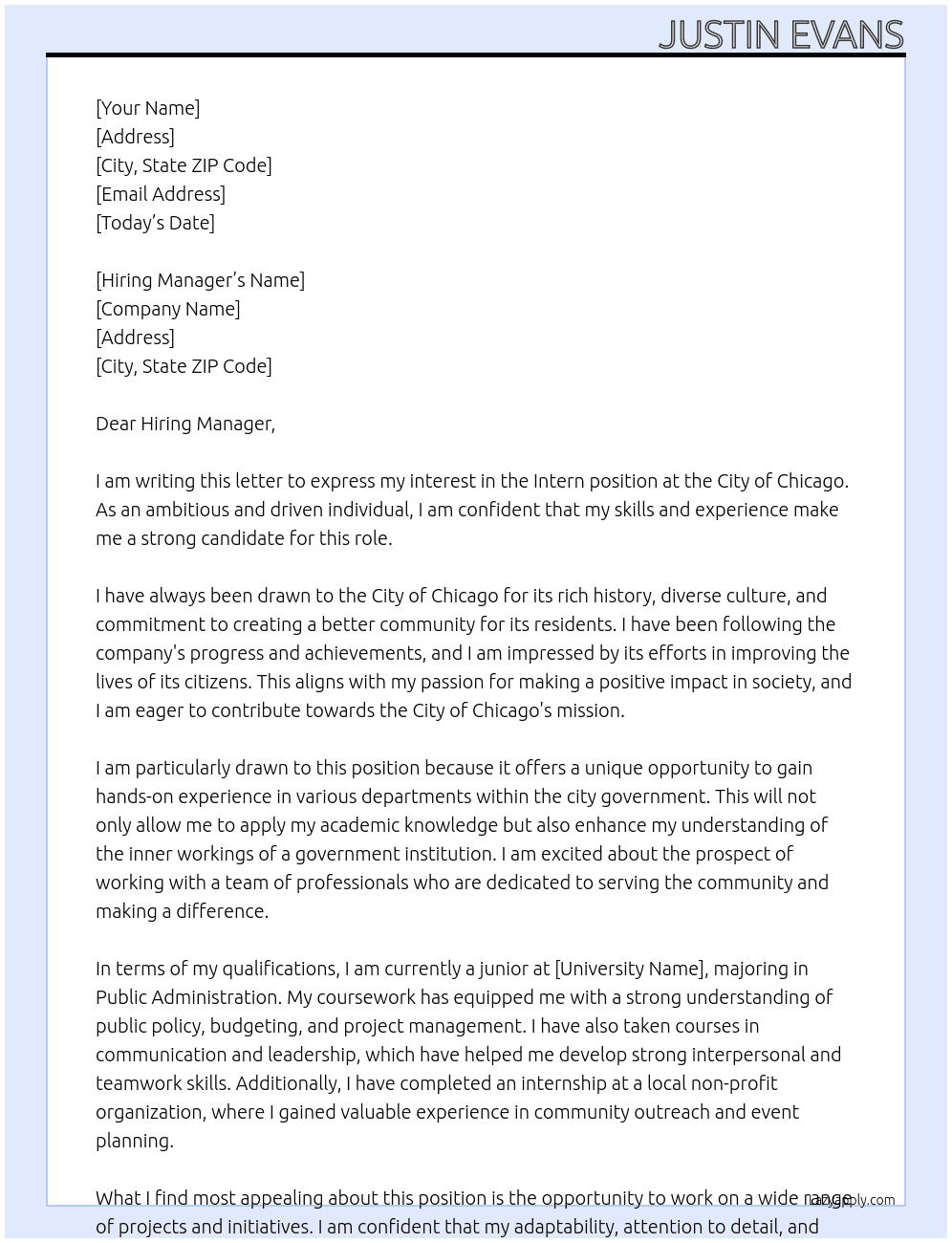 Intern At City of Chicago Cover Letter