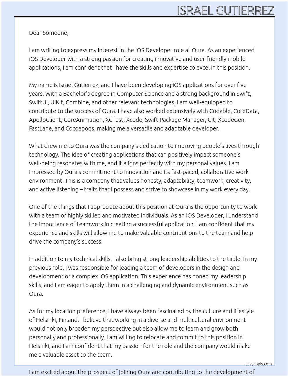 iOS Developer At Oura Cover Letter