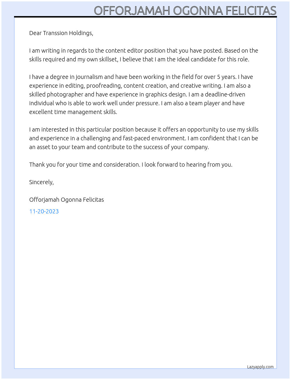 Content Editor At Transsion Holdings Cover Letter