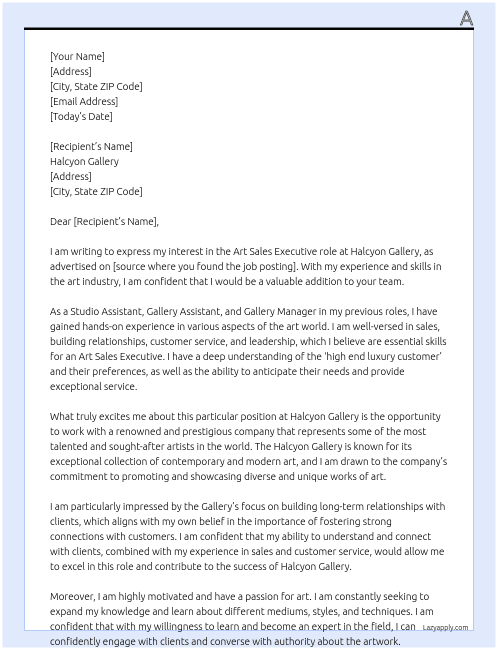 Art Sales Executive At Halcyon Gallery Cover Letter