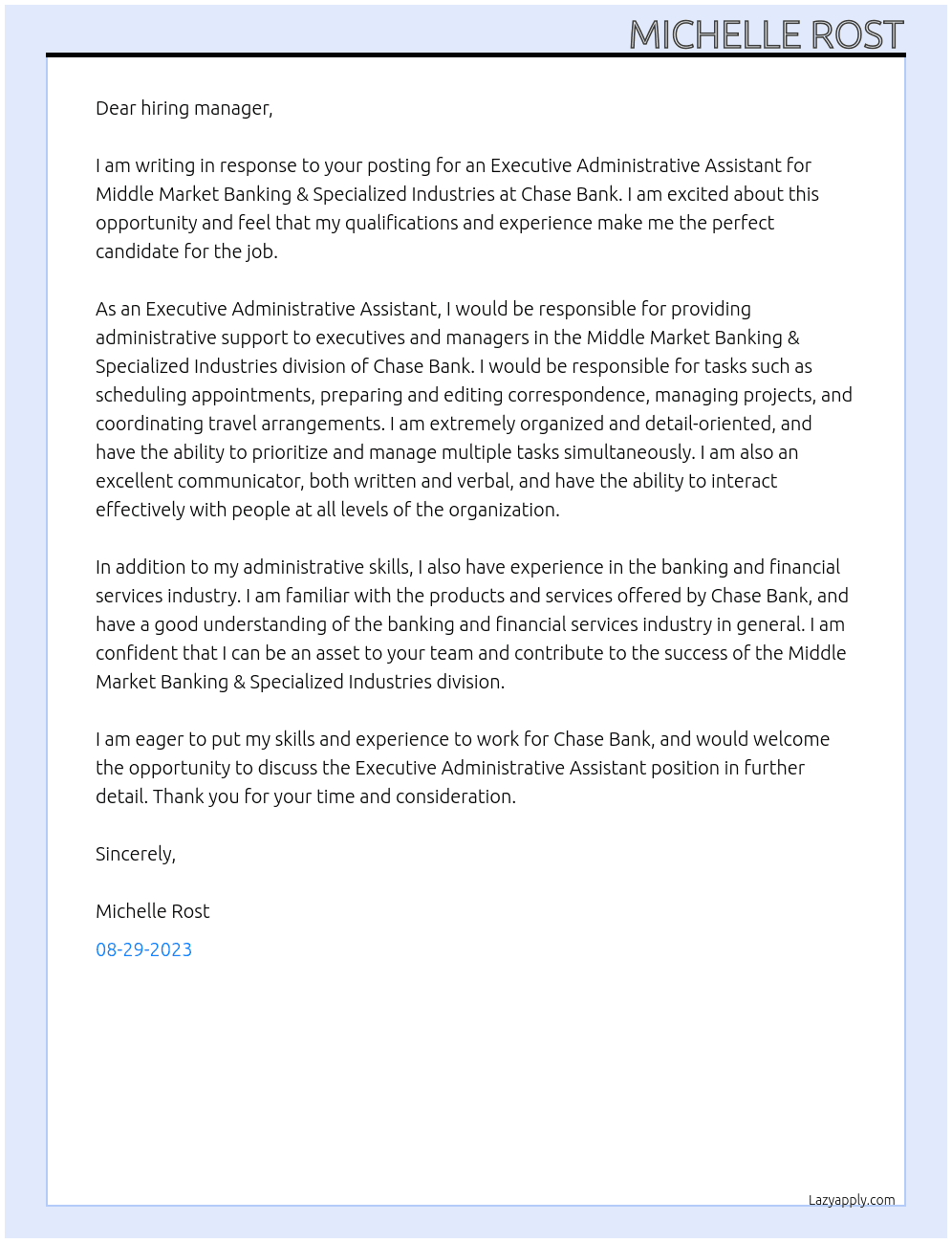Executive Administrative Assistant - Middle Market Banking & Specialized Industries At Chase Bank Cover Letter