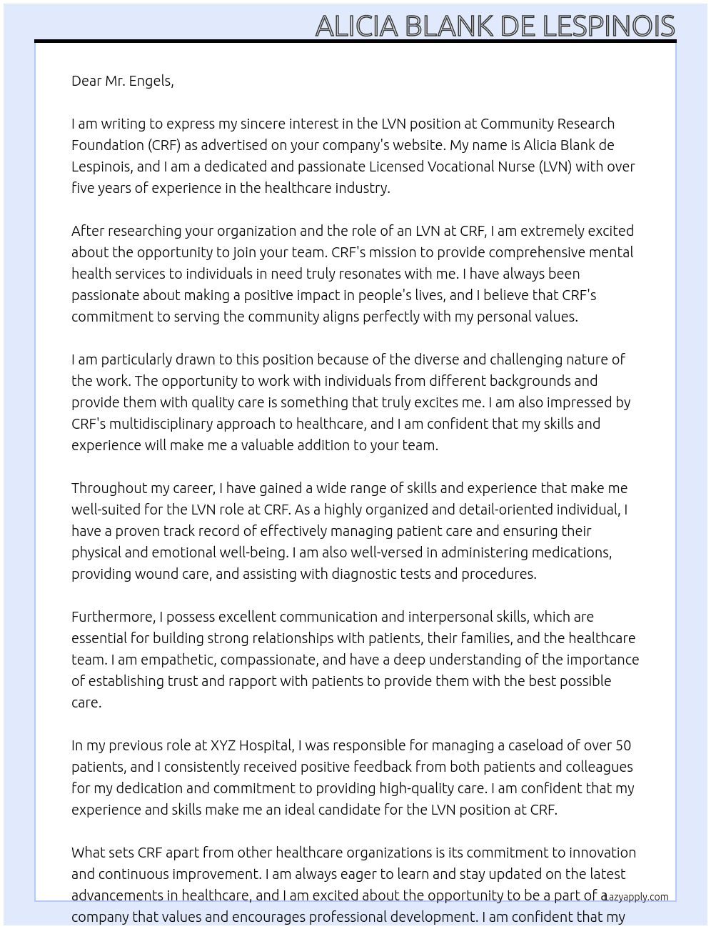 LVN At Community Research Foundation Cover Letter