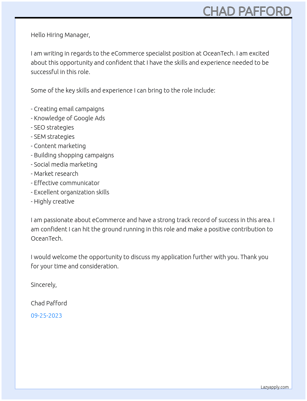 Ecommerce specialist At OceanTech Cover Letter