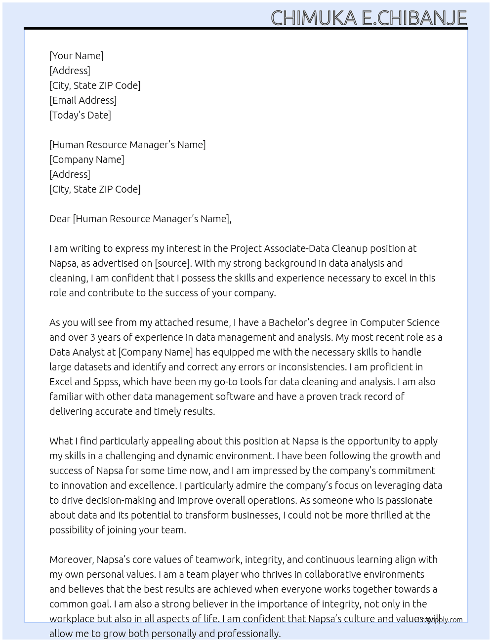 Cover letter for project associate-data cleanup - LazyApply