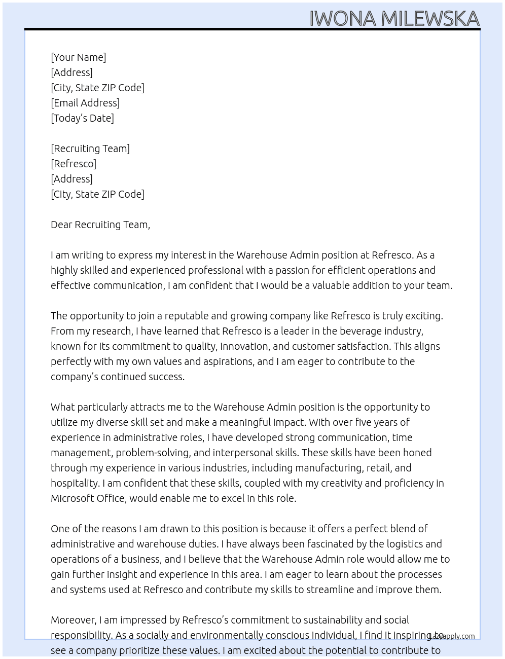 Warehouse Admin At Refresco Cover Letter