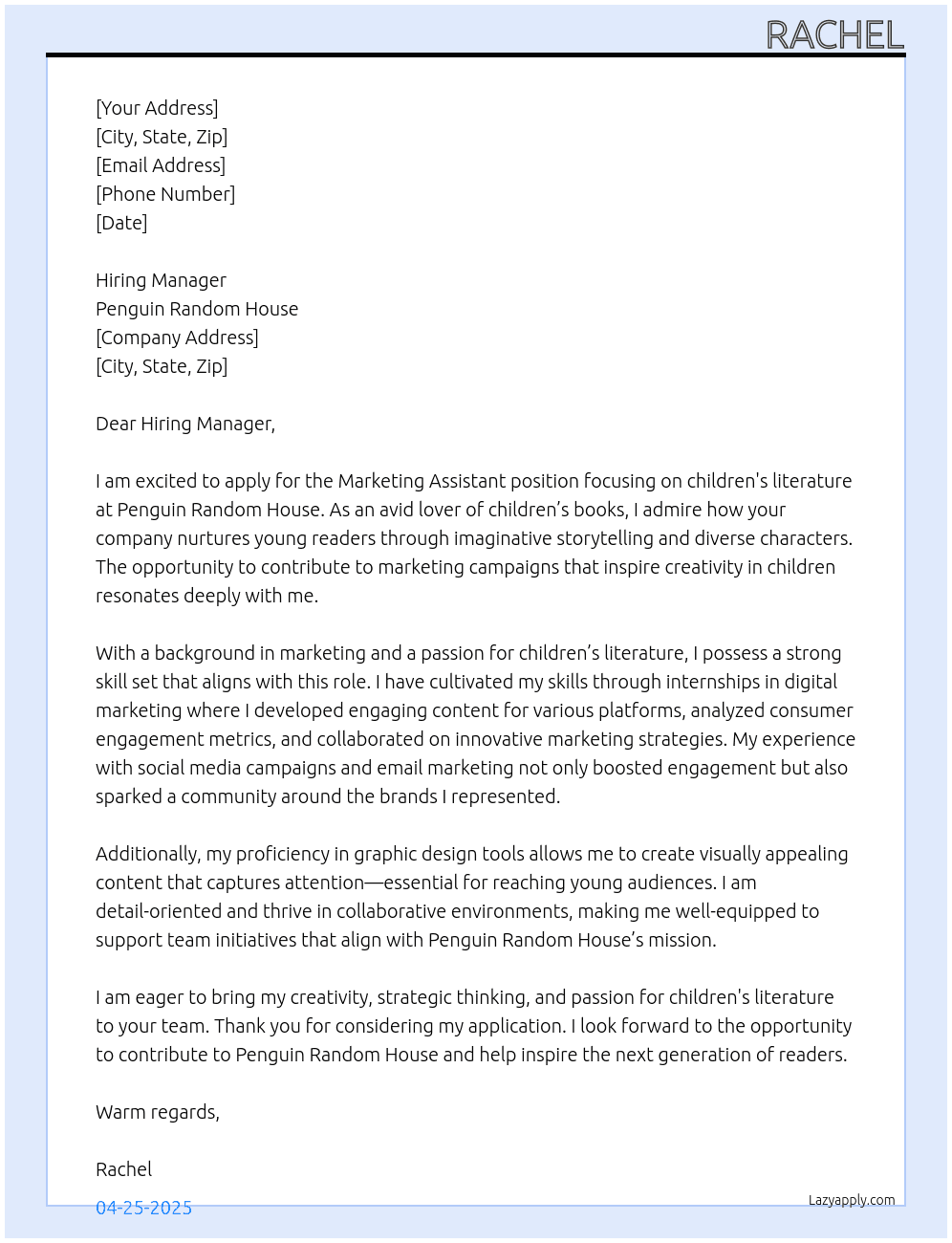 Marketing assistant childrens At Penguin random house Cover Letter