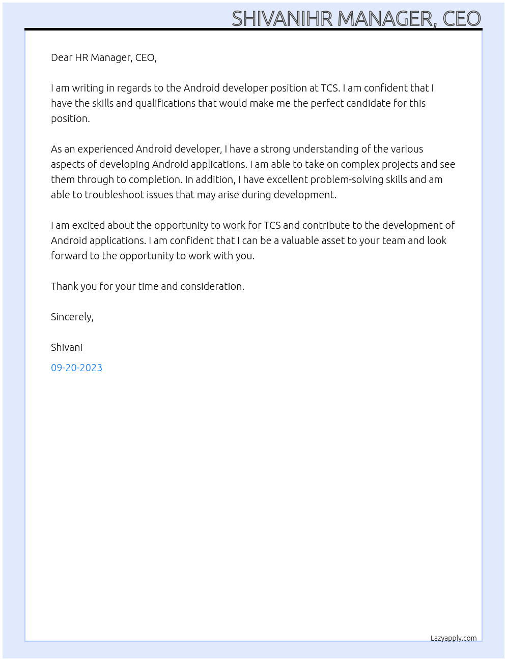 Android developer At TCS Cover Letter