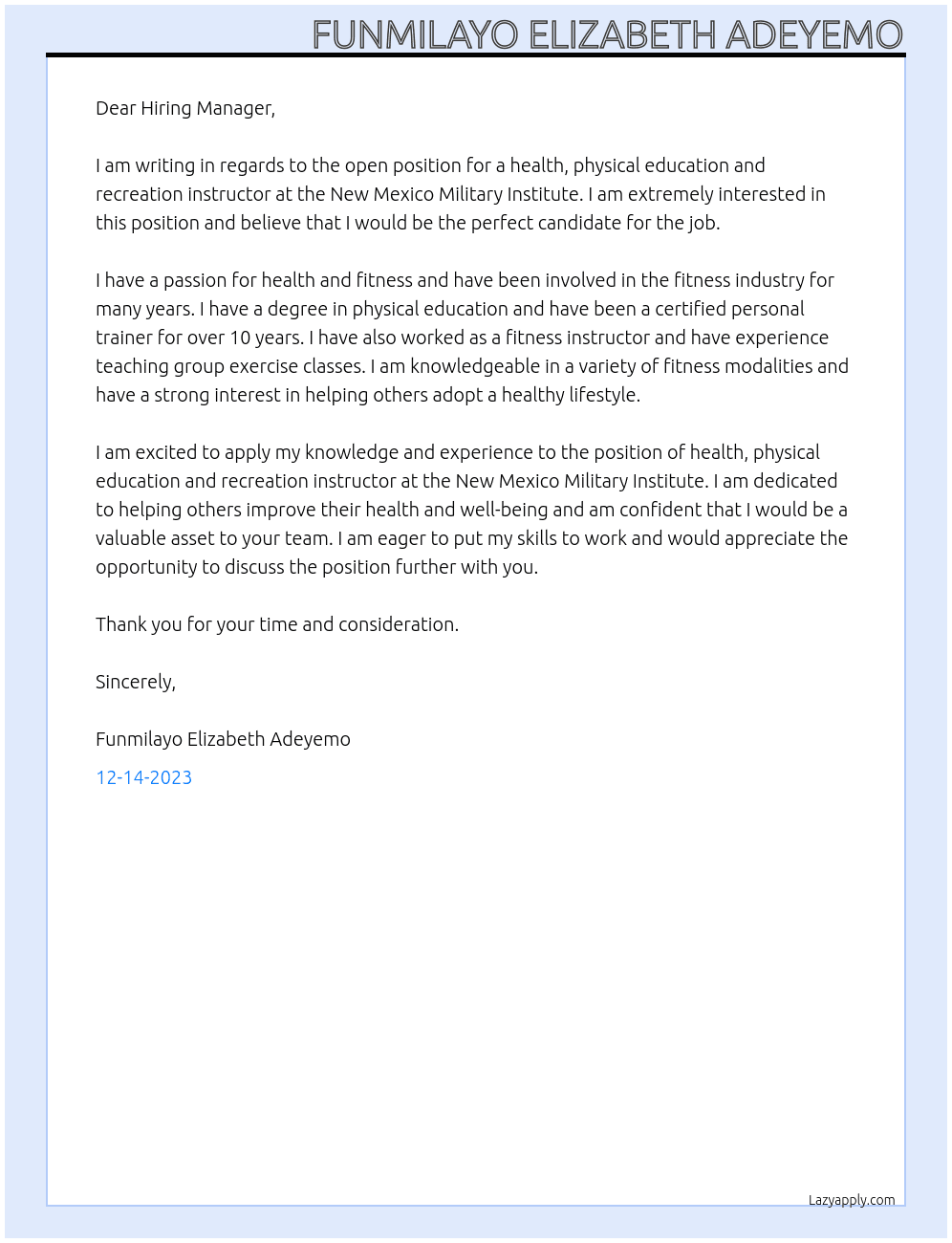 Health, physical education and recreation instructor At New Mexico Military Institute  Cover Letter