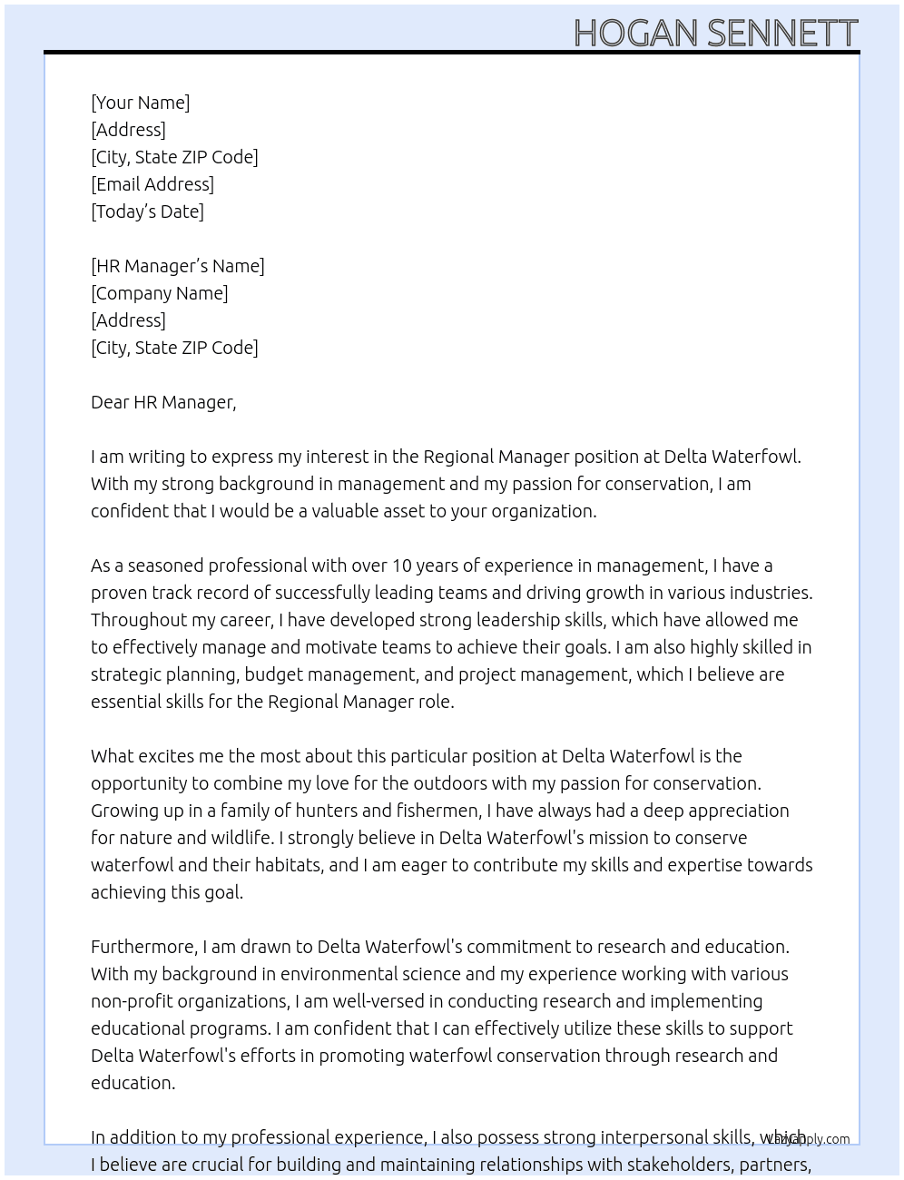 Regional Manager At Delta Waterfowl Cover Letter