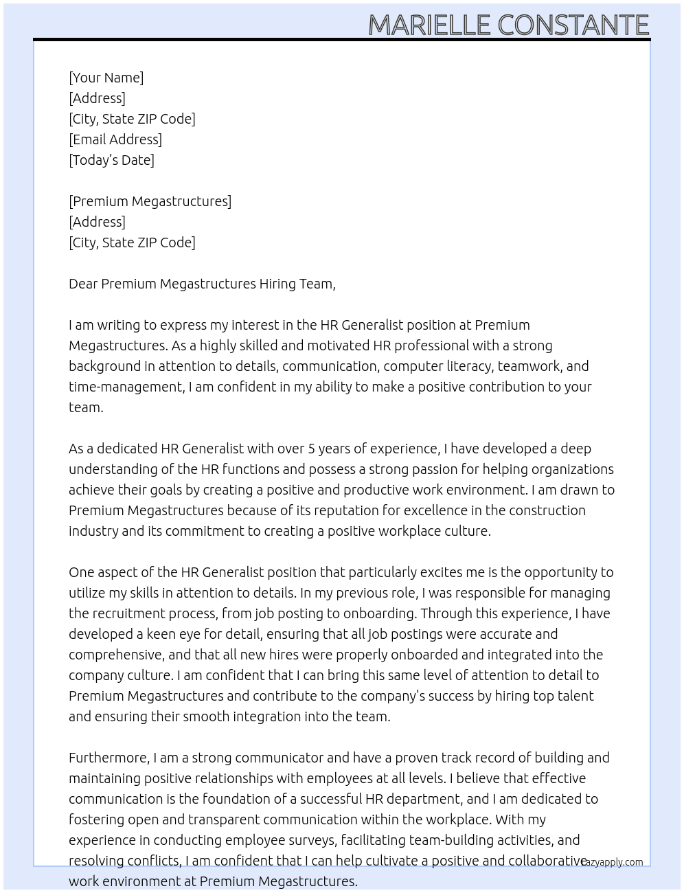 HR Generalist At Premium Megastructures Cover Letter