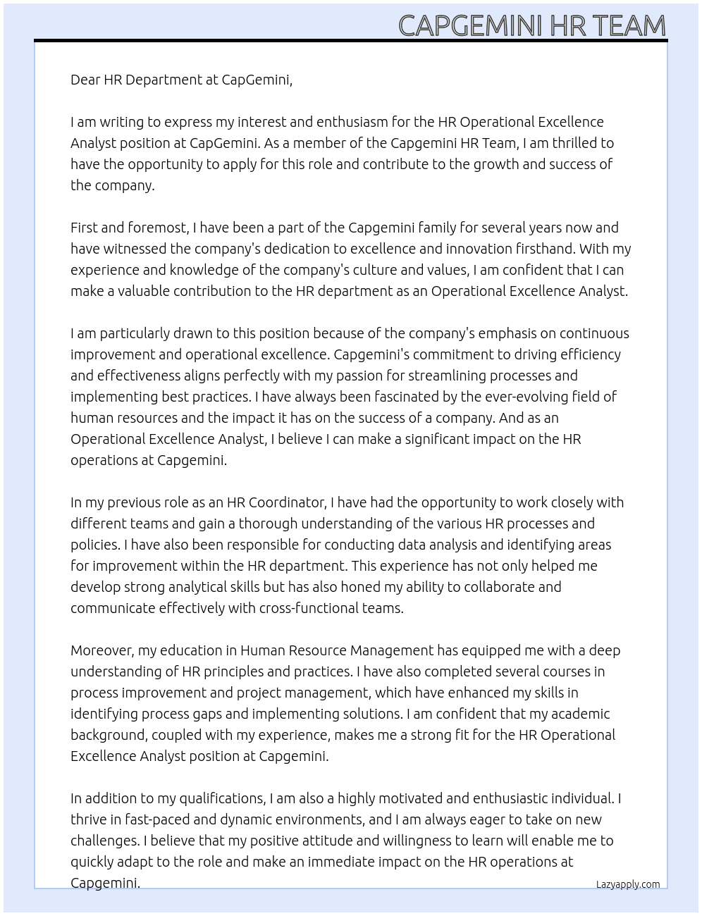 HR Operational Excellence Analyst At CapGemini Cover Letter