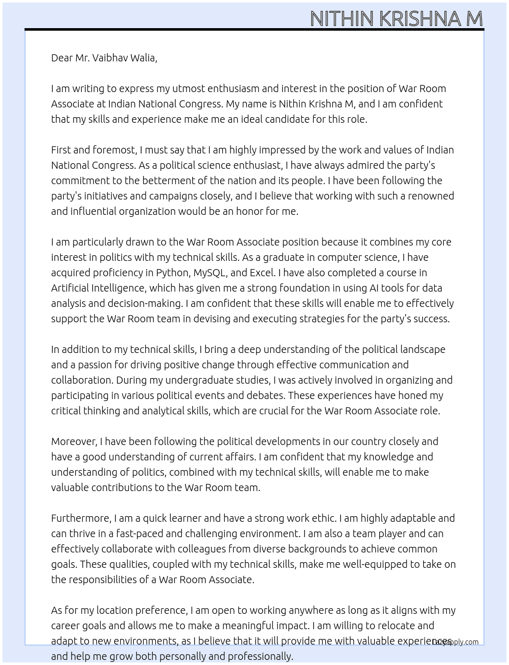 War Room Associate At Indian National Congress Cover Letter