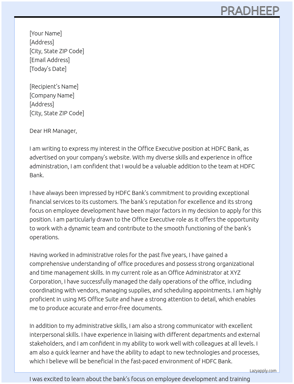 Office Executive At HDFC Bank Cover Letter