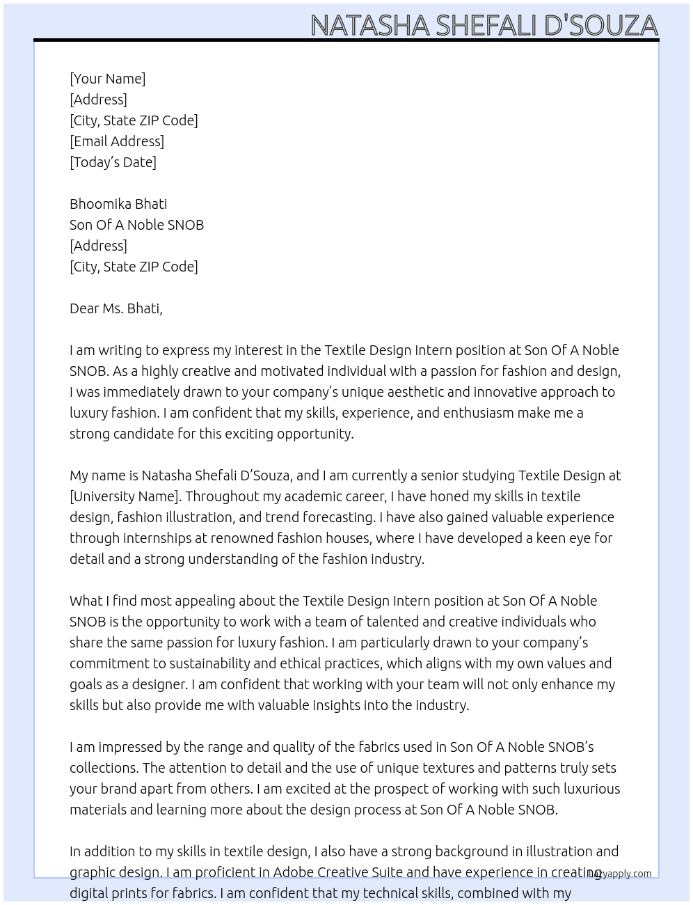 textile design intern At Son Of A Noble SNOB Cover Letter