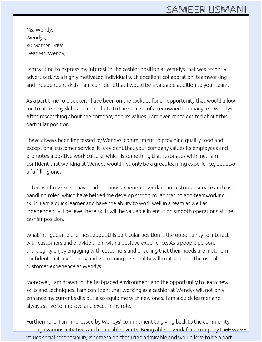 cashier  At Wendys  Cover Letter