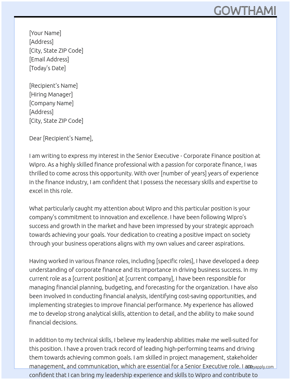 Cover letter for senior executive - corporate finance - LazyApply